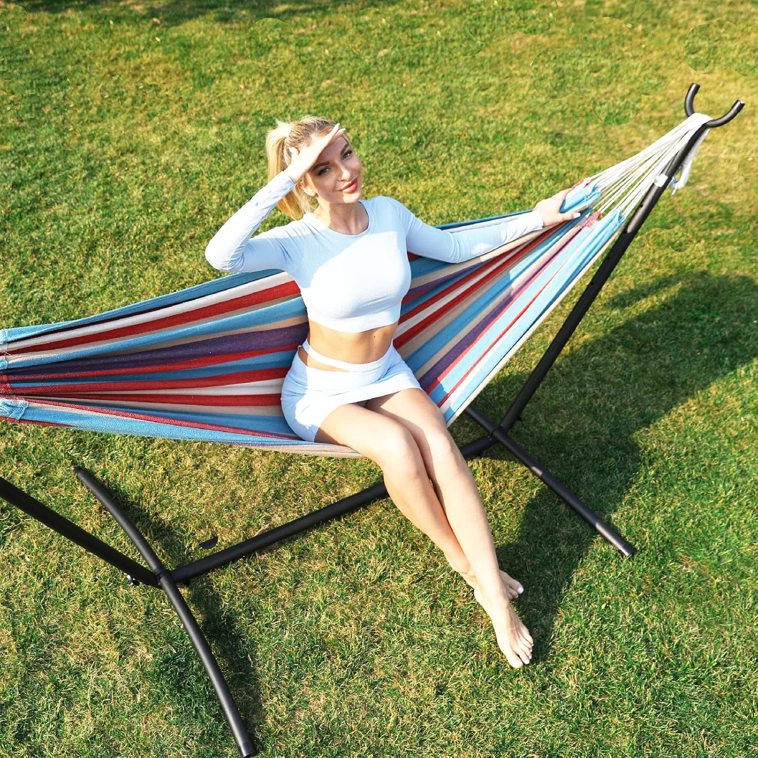 HENG FENG Double Hammock with Space Saving Steel Stand Included 2 Person Standing hammocks,Max 475lb Capacity,Tropical