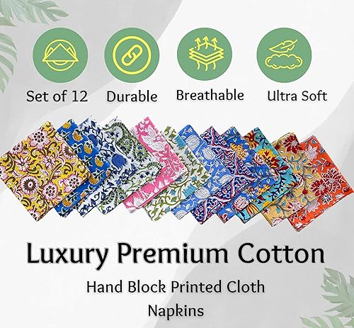 Miniatura 2 de Juego de 12 servilletas de tela de algodón para cocina y mesa, estampado indio a mano, tamaño 16 x 16 pulgadas, decoración del hogar (12)