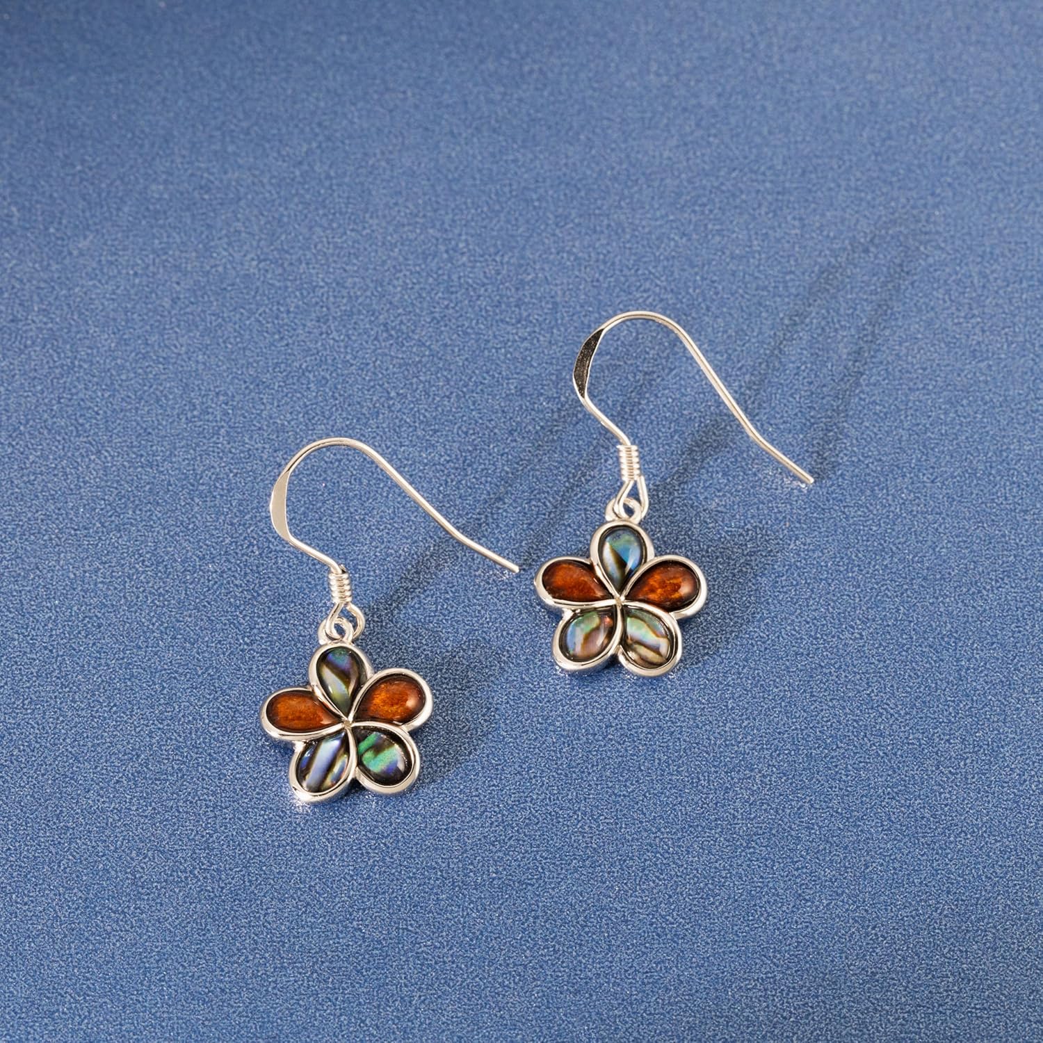 925 Sterling Silver Koa Wood and Abalone Shell Hawaiian Mauka to Makai Plumeria Flower Dangle Hook Earrings, Nickel Free Hypoallergenic for Sensitive Skin, Gift Box Included - Image 2