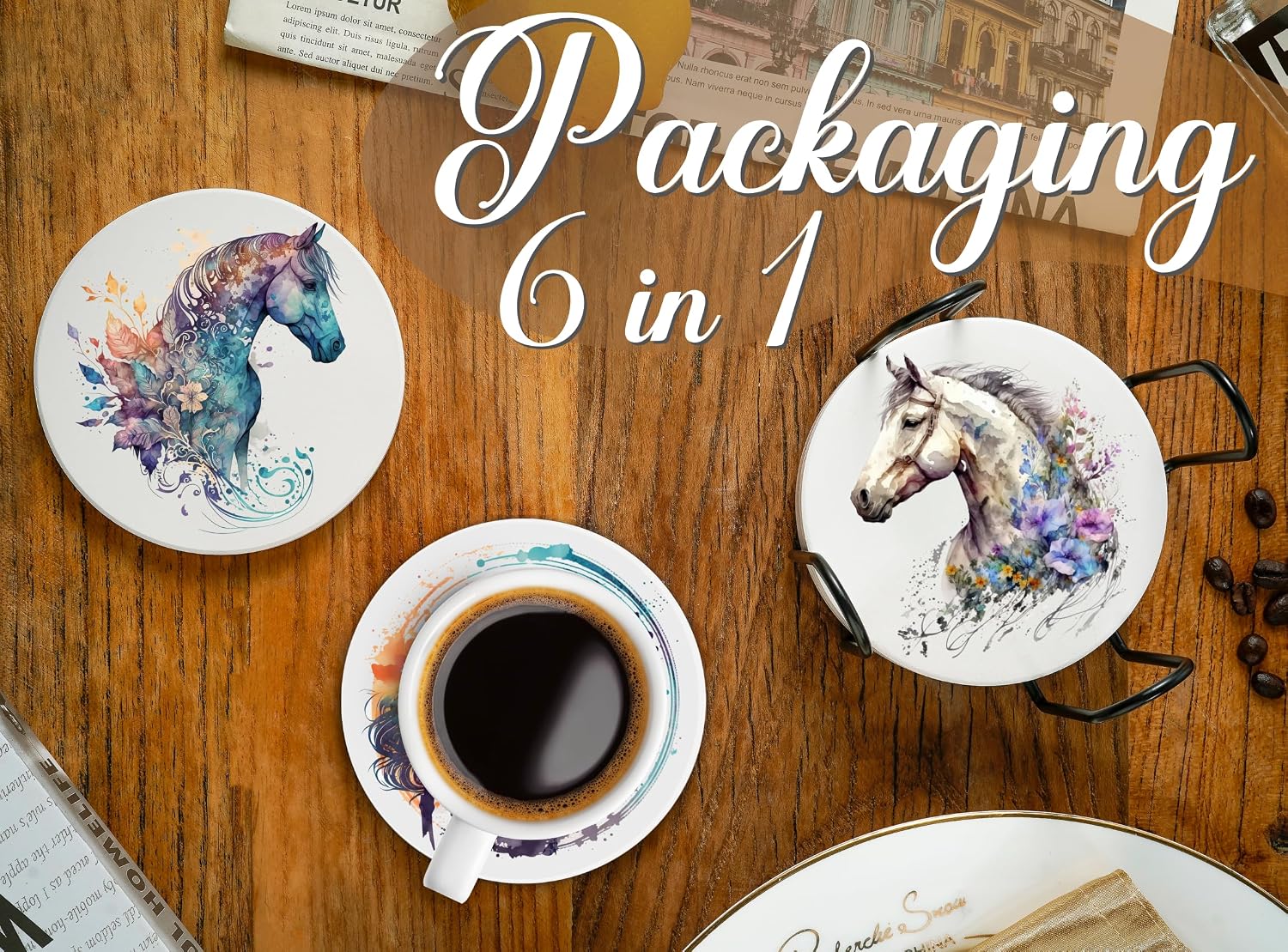 Onebttl Horse Gifts for Women and Any Horse Lovers, 6pcs Pack Bar Coasters, Ceramic, Absorbent with Cork Base
