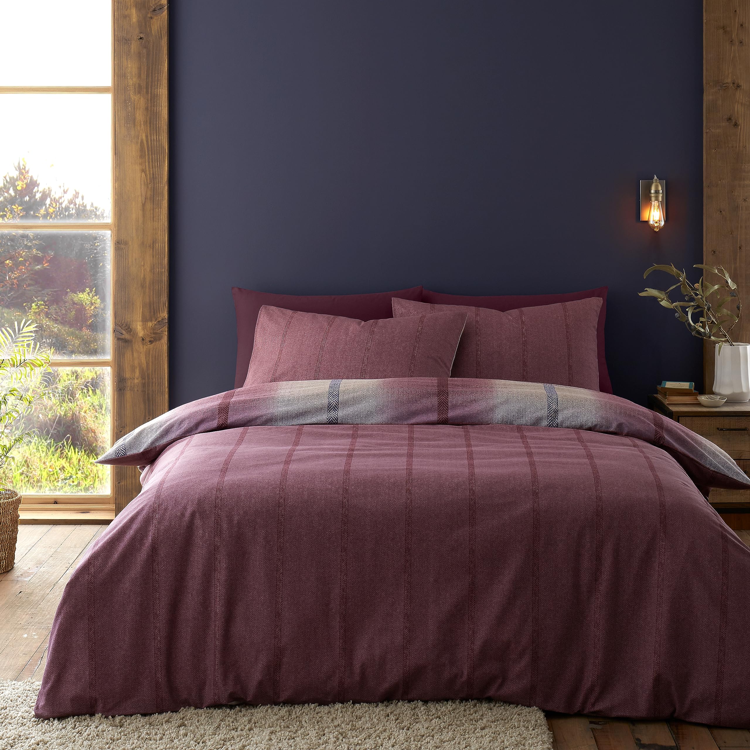 Catherine Lansfield Brushed Cotton Melrose Tweed Check Reversible Double Duvet Cover Set including Pillowcases Plum - Image 2