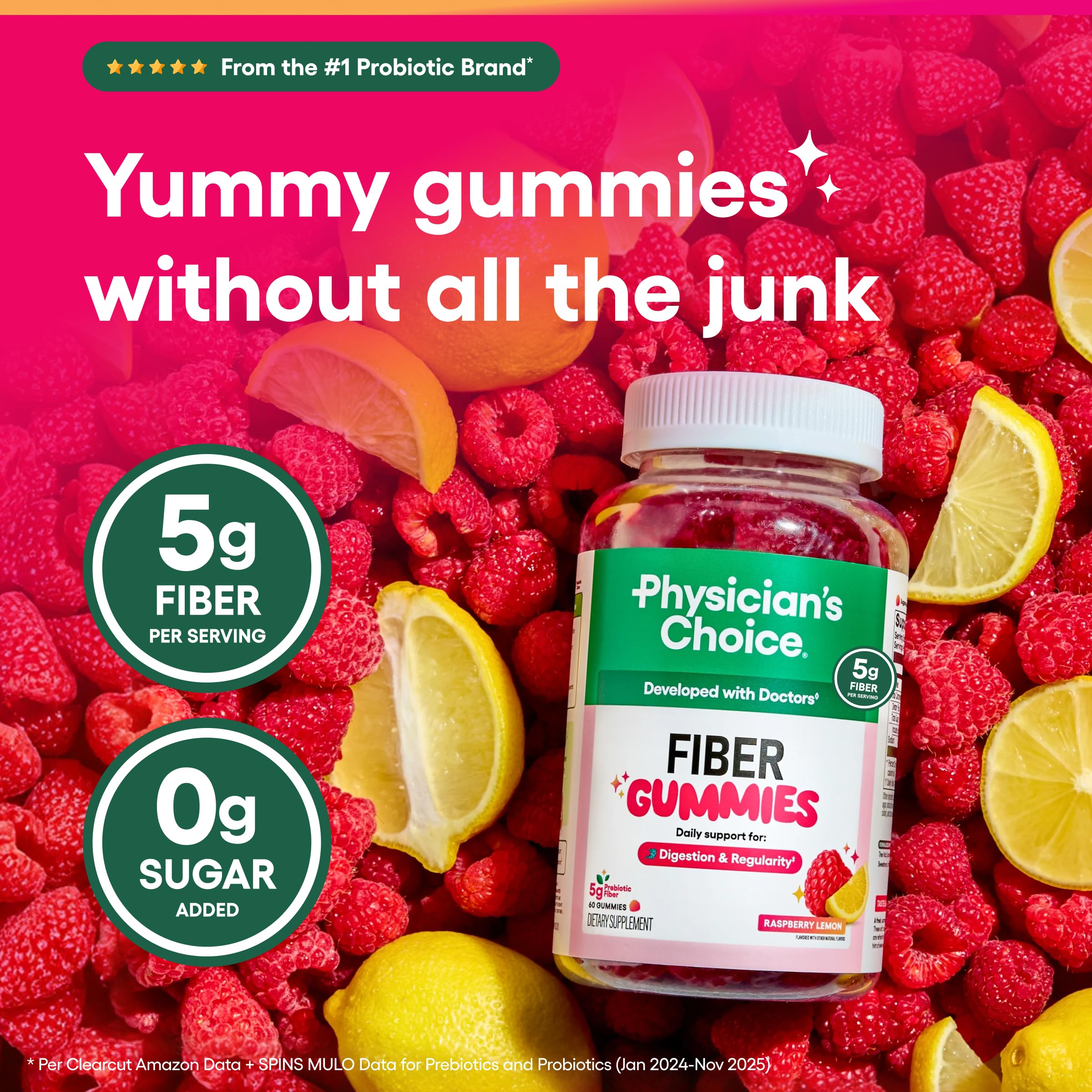 Physician's CHOICE Fiber Gummies for GLP-1 Support - No Sugar Added & Vegan - Raspberry Lemon - Natural Chicory Root Prebiotic Fiber Gummy - Digestive Health & Regularity for Women & Men - 60CT — Amazon image 10