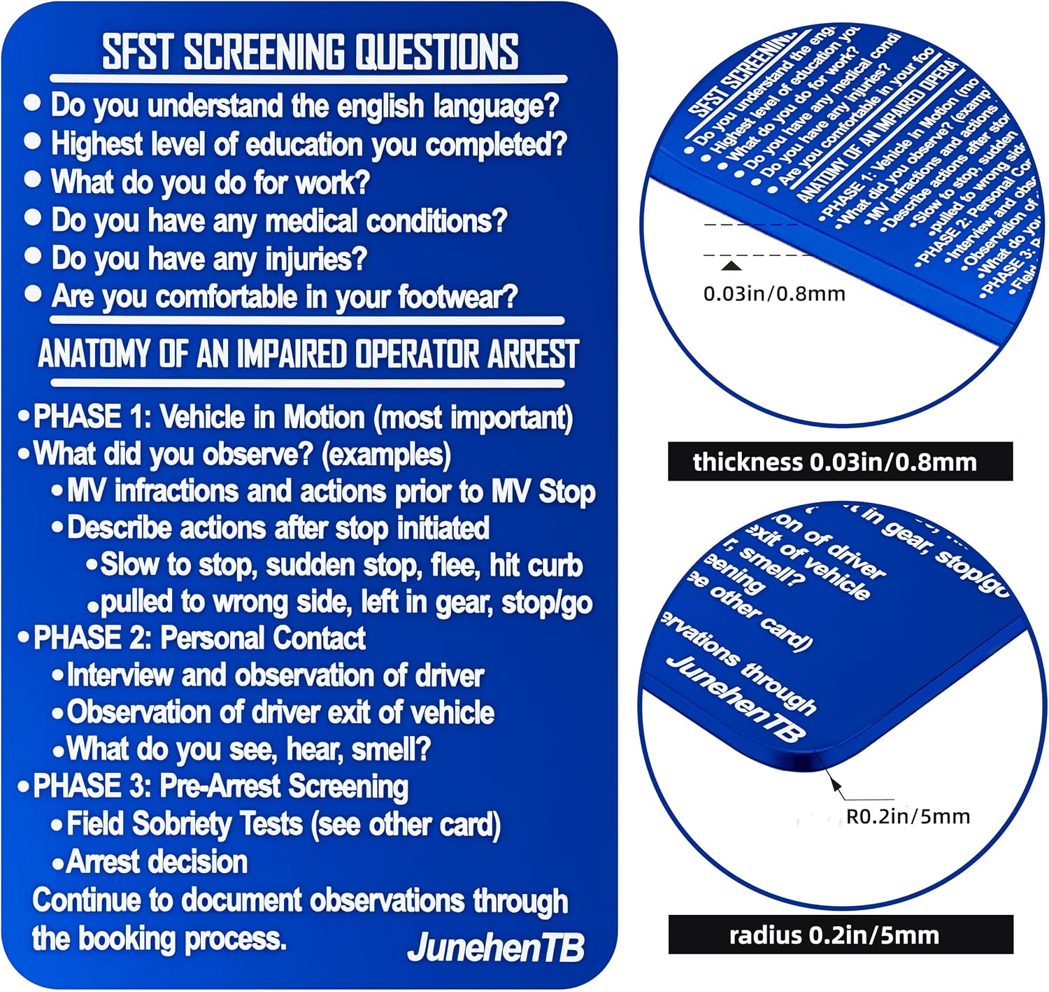 DUI Clue Reference Card, BLUE Metal Bend-Resistant SFST Thick Card Standardized Field Sobriety Test, SFST Instruction with Clues, Great Idea Gift for Police Law Enforcement Officers (blue, 1)