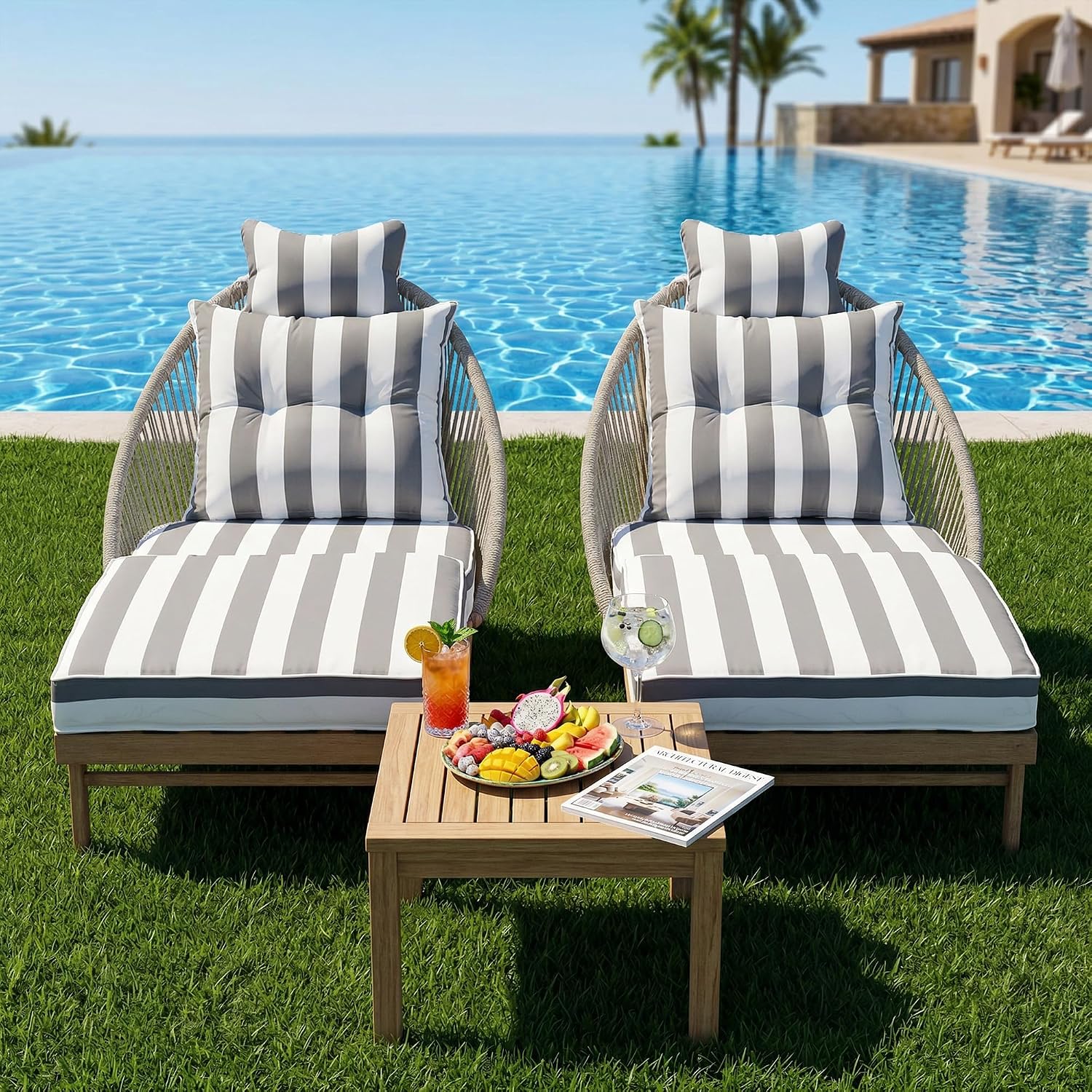 Outdoor Chaise Lounge Chairs Set of 2, Lounge Chair Outdoor with Cushions, Wicker Outdoor Chaise Lounger, Oversized Pool Chairs with Wheels, Patio Lounge Chairs for Backyard/Deck, Stripe