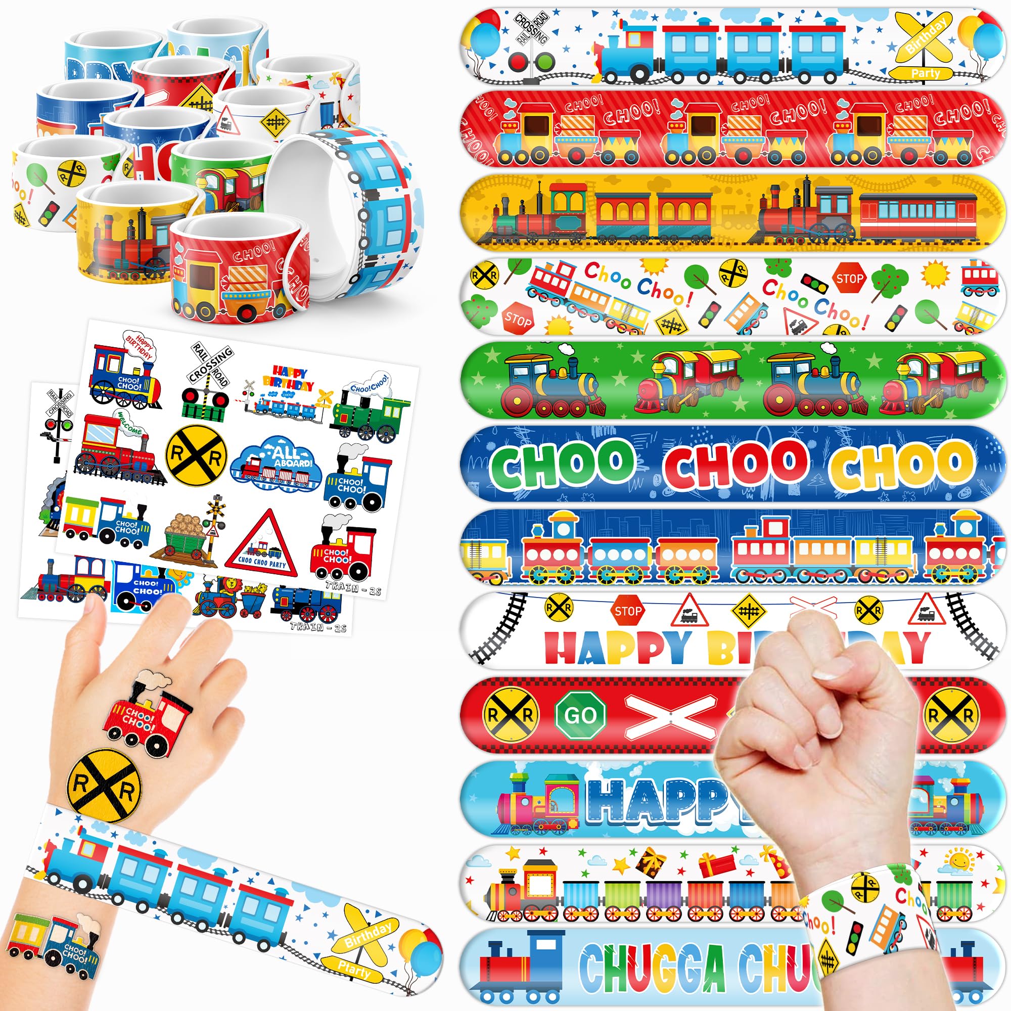 48PCS Train Party Favors - 24PCS Tattoos & 24PCS Slap Bracelets - Train-Themed Birthday Supplies, Decorations, Classroom Prizes, Carnival Rewards, Gifts for Boys & Girls