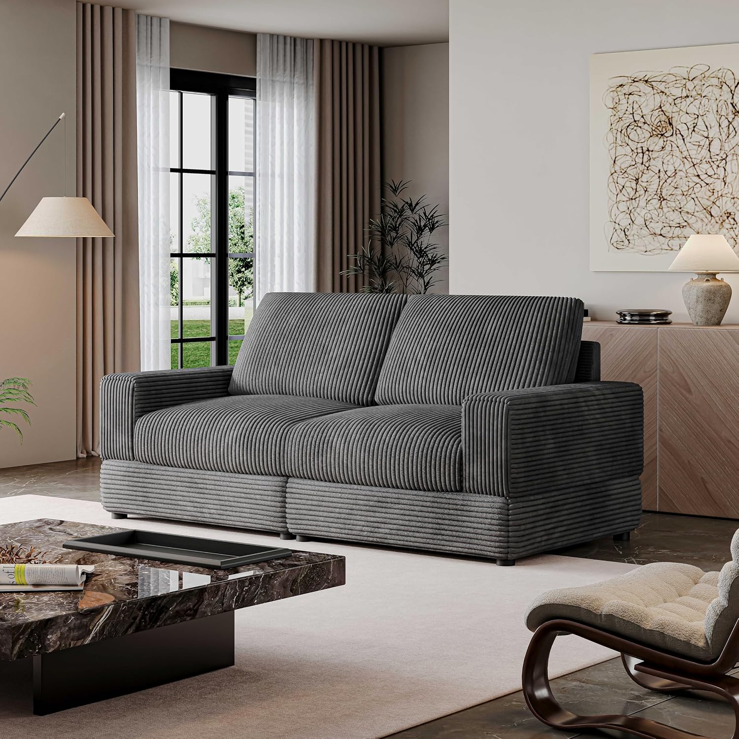78'' 2-Seater Corduroy Sofa Modern Corduroy Loveseat with Comfy Pillows Deep Seat for Living Room Bedroom Apartment Office (Black, 2 Seater)