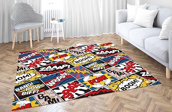 Retro  izgi Roman Pop Art Renkli Alan Hal s    Mekan Hafif Pamuk Taban Zemin Paspas  Oturma Odas  Yatak Odas  Yurt  in  ocuk Odas  160 x 160 cm Kare
