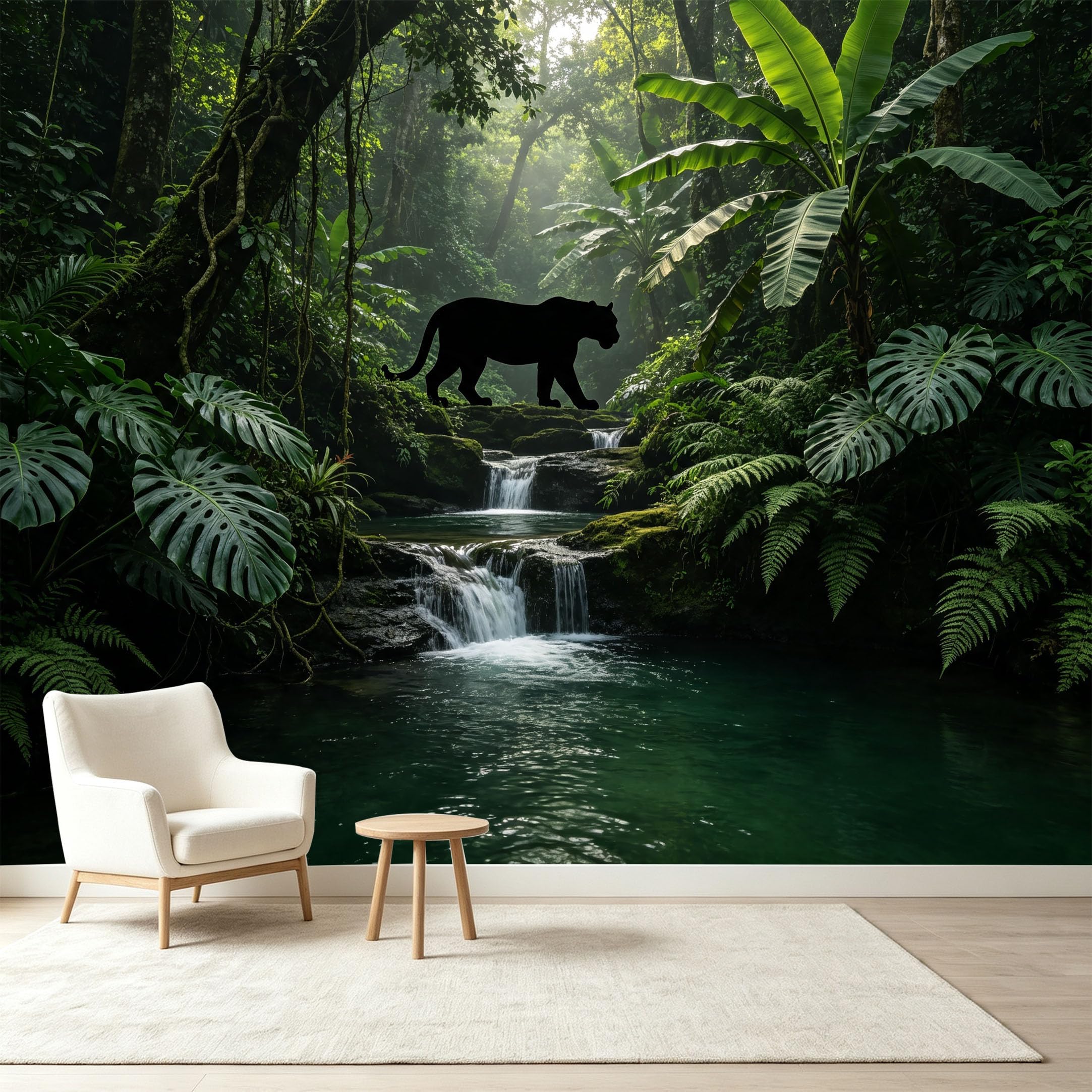 Custom Size Wall Murals Tropical Rainforest Panther Silhouette Waterfall Stream Self-Adhesive Wall Fabric Removable Wallpaper Wall Decor for Living Room Bedroom Bathroom