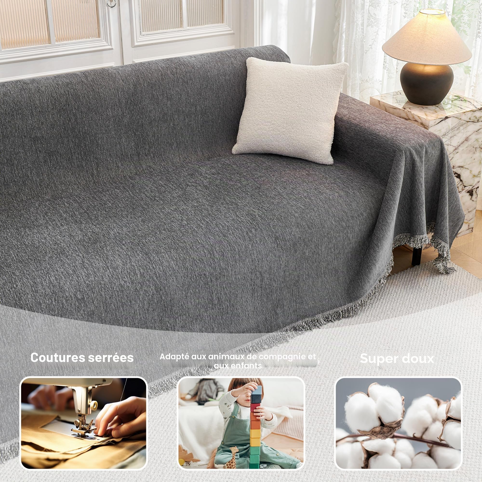 MYSKY Home Housse de Canapé 1/2/3/4 Places 180 x 300 cm Gris Foncé Forme de L d'angle Protege Canape Plaid Protection Canape Chat Chiens Anti Griffe en Chenille Sofa Cover, Housse pour Meubles