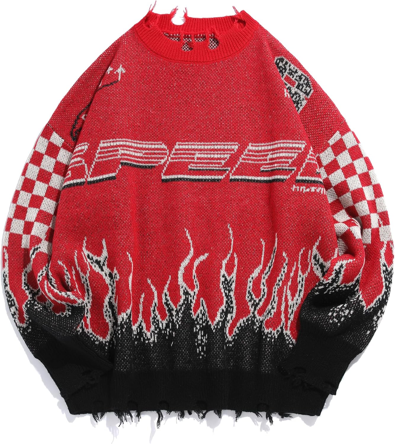ZAFUL Men's Oversized Sweater Y2K Aesthetic Flame Graphic Crewneck Knit Pullover Unisex Casual Sweaters