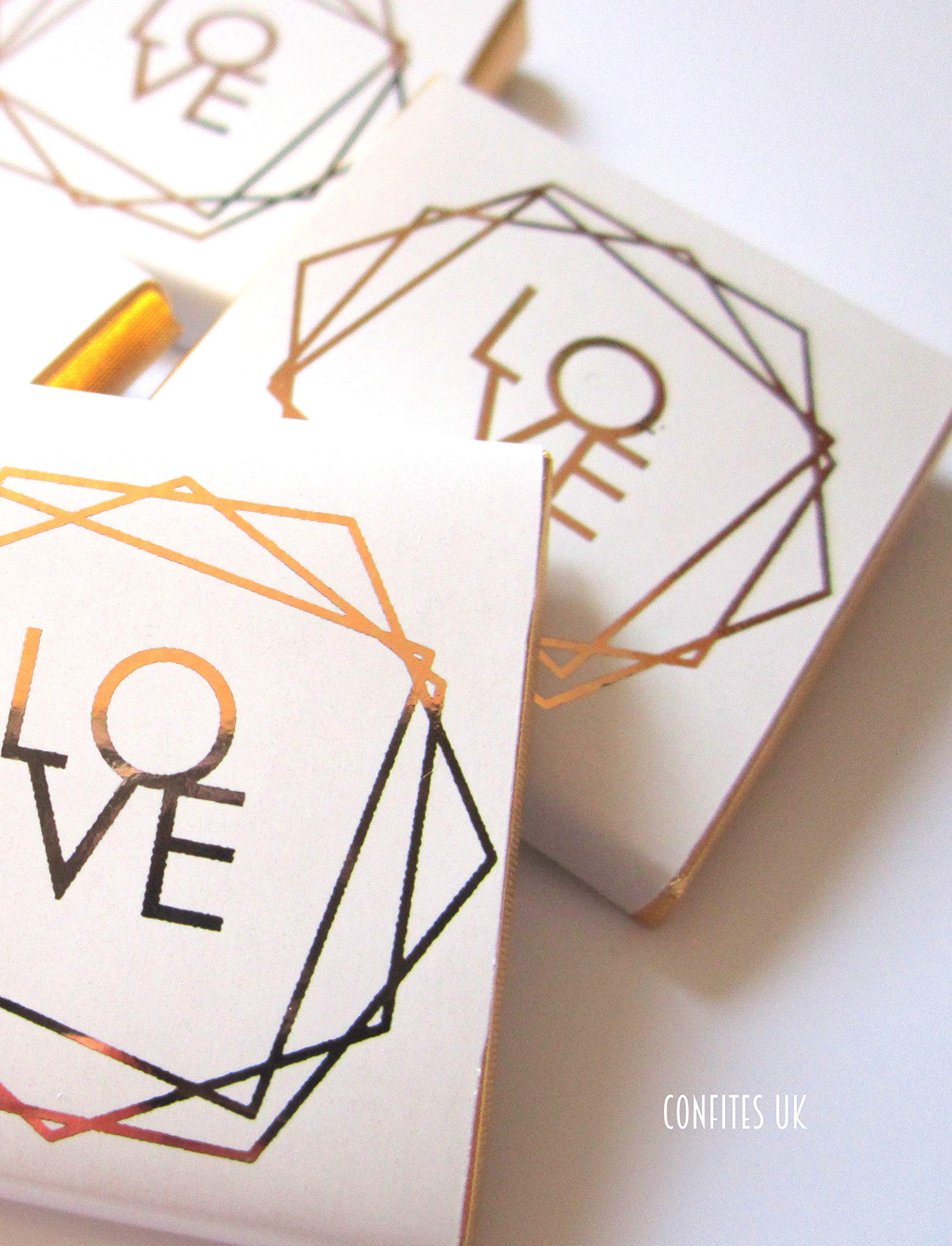 Personalised Wedding Chocolates Squares, Geometric Love, White and Rose Gold, Pack of 25 pcs