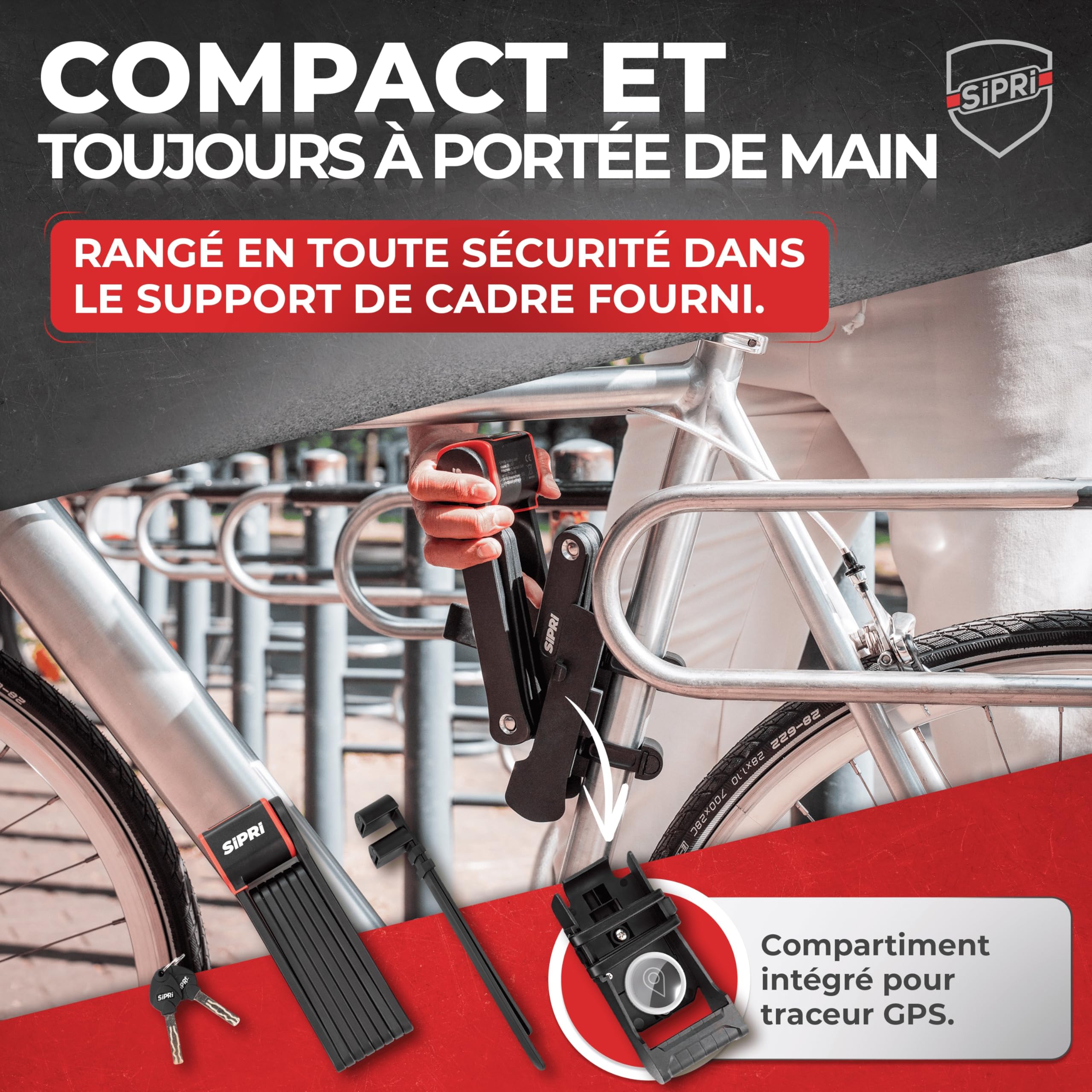 SIPRI Antivol pliable pour vélo, avec alarme, 120 dB, haute sécurité | vélo électrique, scooter électrique, moto, acier 8 mm, 116 cm, résistant aux intempéries, robuste, clé