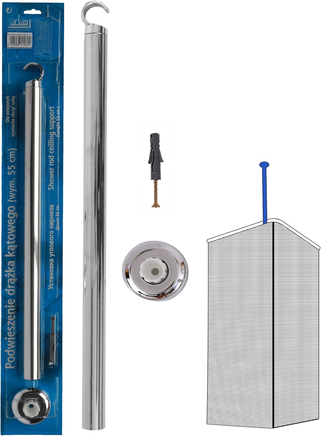 Chrome Colour Shower Curtain Rail Ceiling Support 55cm Length Corner