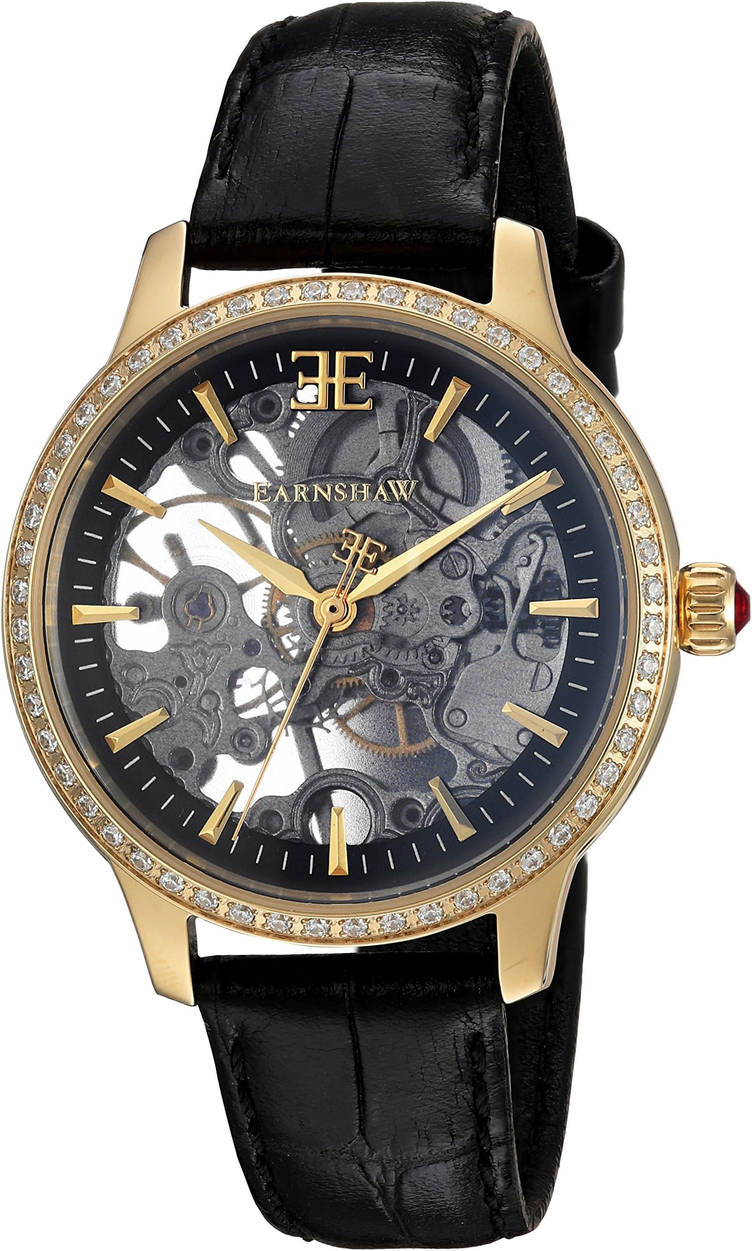 DTP Vendor A2OER3THKIFMHA Women's Lady Australis Stainless Steel Mechanical-Hand-Wind Watch with Leather Calfskin Strap, Black, 16 (Model: ES-8056-01)