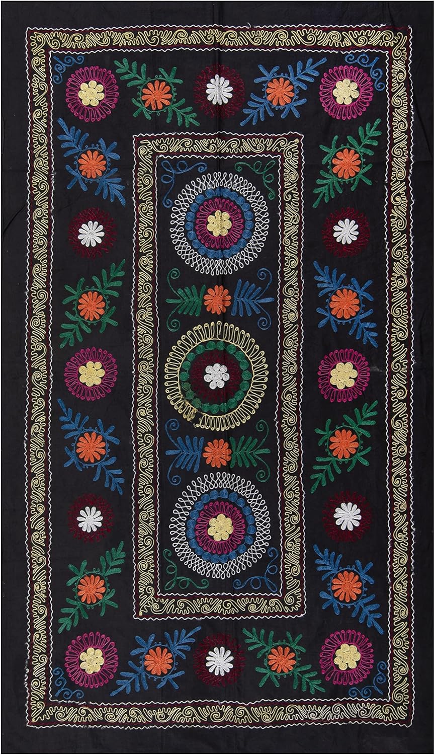 3.7x6.3 Ft Decorative Silk and Cotton Suzani Textile, Vintage Turkish Embroidery Wall Hanging or Bedspread. S128