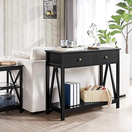 Miniatura 4 de Yaheetech Mesa consola con cajón, mesa de entrada de madera con estantes de almacenamiento, mesa de sofá estrecha larga para sala de estar, entrada,