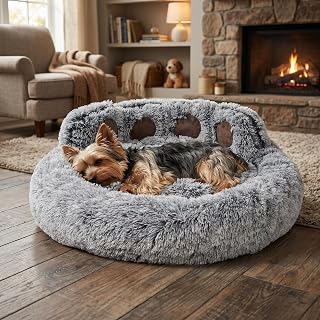 Round Plush Calming Donut Dog & Cat Bed | Calming Design, Donut Shape