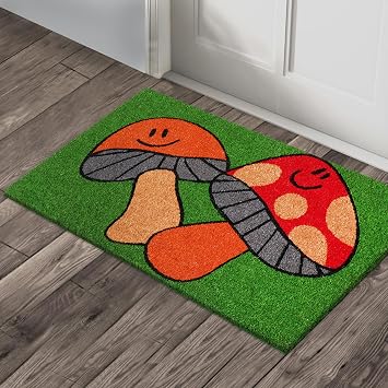 A1HC Natural Coco Coir Door Mat Dancing Mushroom Doormat with Heavy Duty Non-Slip PVC Backing - 18 x 30 - Easy to Clean, Welcome Mat for Home, Low-Profile Durable Doormat