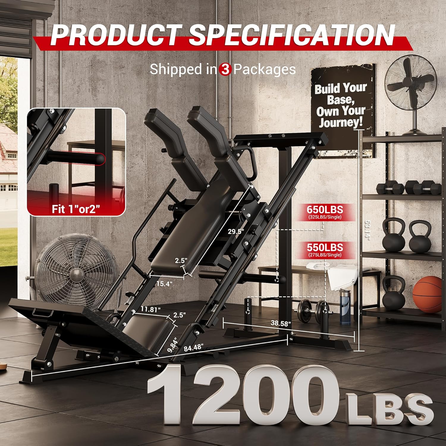Leg Press Hack Squat Machine, 3-in 1 Professional Leg Squat Machine with Adjustable Backrest for Home Gym, Fits 1" & 2" Plates, Strength Training Lower Body