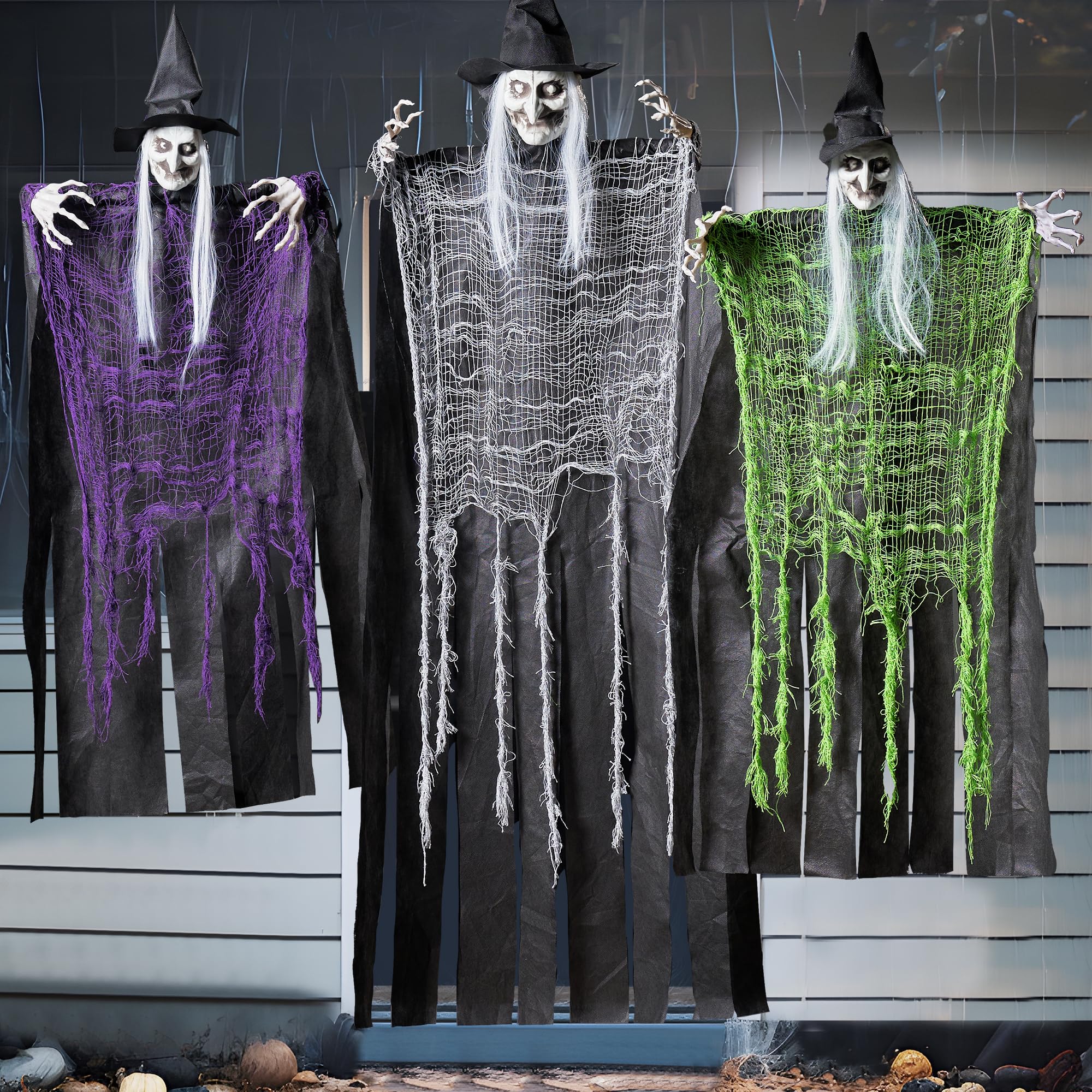 JOYIN 3 Pcs Halloween Hanging Witch, one in 47” and Two in 35.4” Witch for Halloween Indoor/Outdoor Decorations, Halloween Haunted House Prop Decor, Lawn, Yard Hanging Decorations