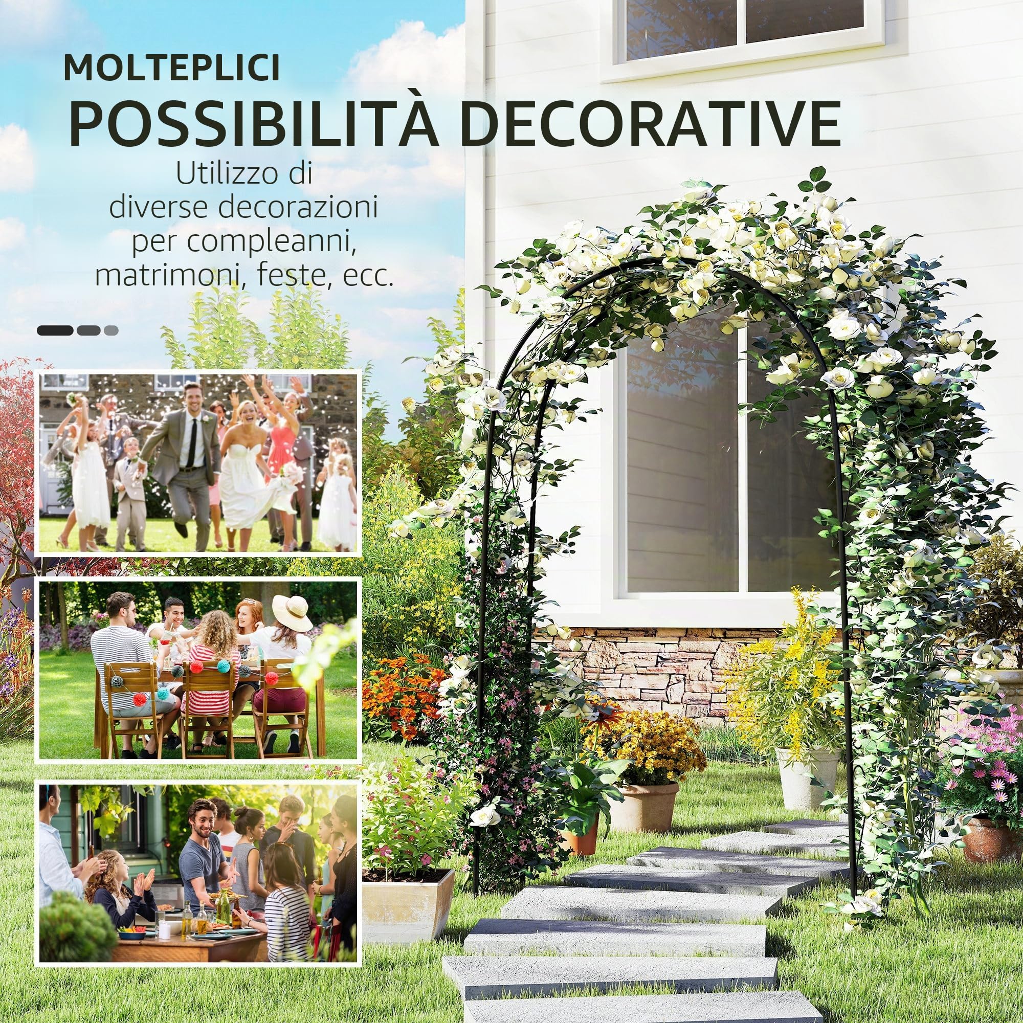Arco di rose Outsunny, arco in acciaio, arco da giardino per piante rampicanti, 125 x 37 x 230 cm supporto per piante rampicanti, decorazione da giardino, nero