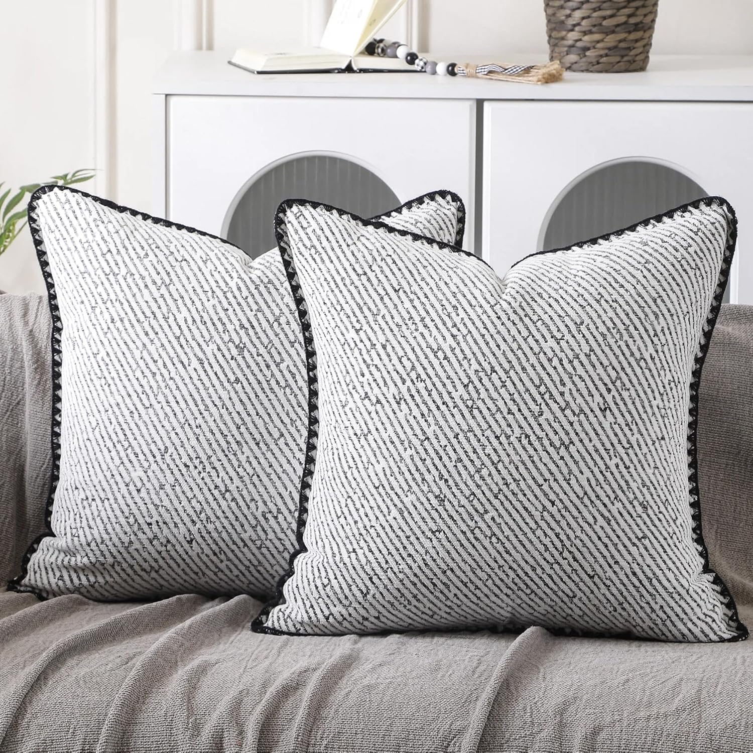 Chenille Throw Pillow Covers 18x18 Inches Set of 2 Pieces Black Cotton Thread Trimmed White Background with Black Stripes Decorative for Living Room Sofa and Bedroom Bed