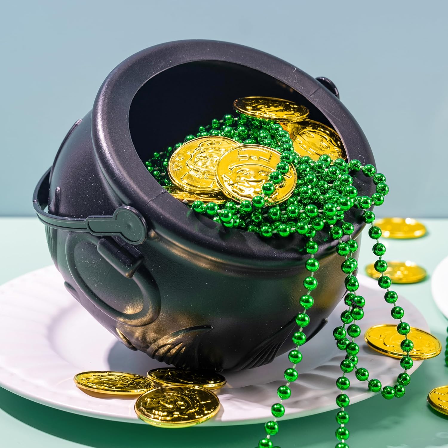JOYIN 119 Pcs St. Patrick’s Party Supplies Set, 18 Green Bead Necklaces, 100 Plastic Coins & 1 Cauldron, St Patrick’s Day Party Favor Supply (Black Cauldron, Green Bead Necklace & Gold Coins)