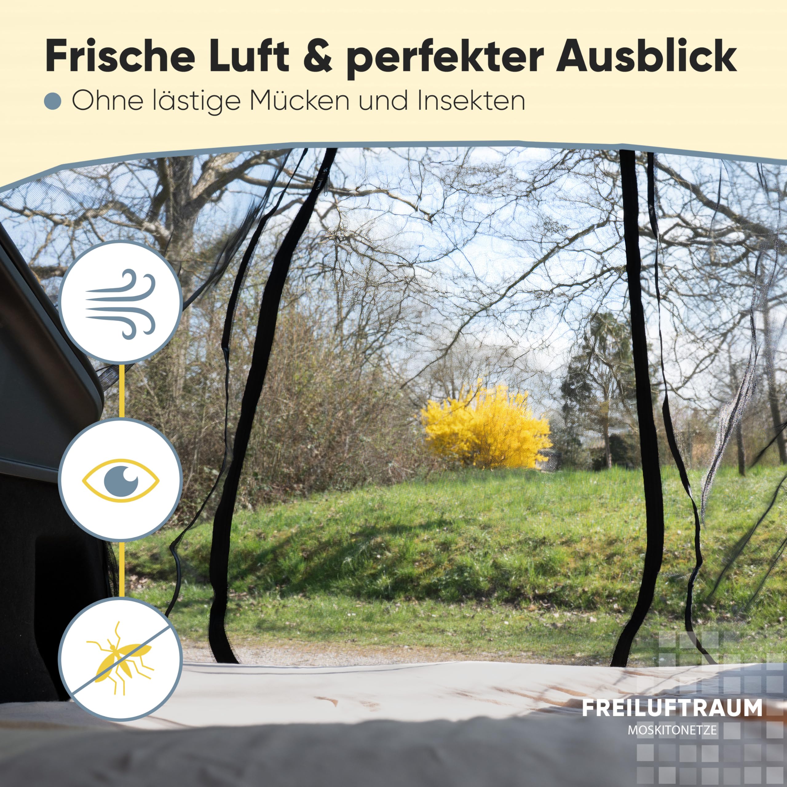 Moskitonetz Kofferraum für Tesla Model Y – Insektenschutz Netz für Camping & Schlafen im Auto – Passgenau, einfach montierbar – Zubehör für Tesla Model Y