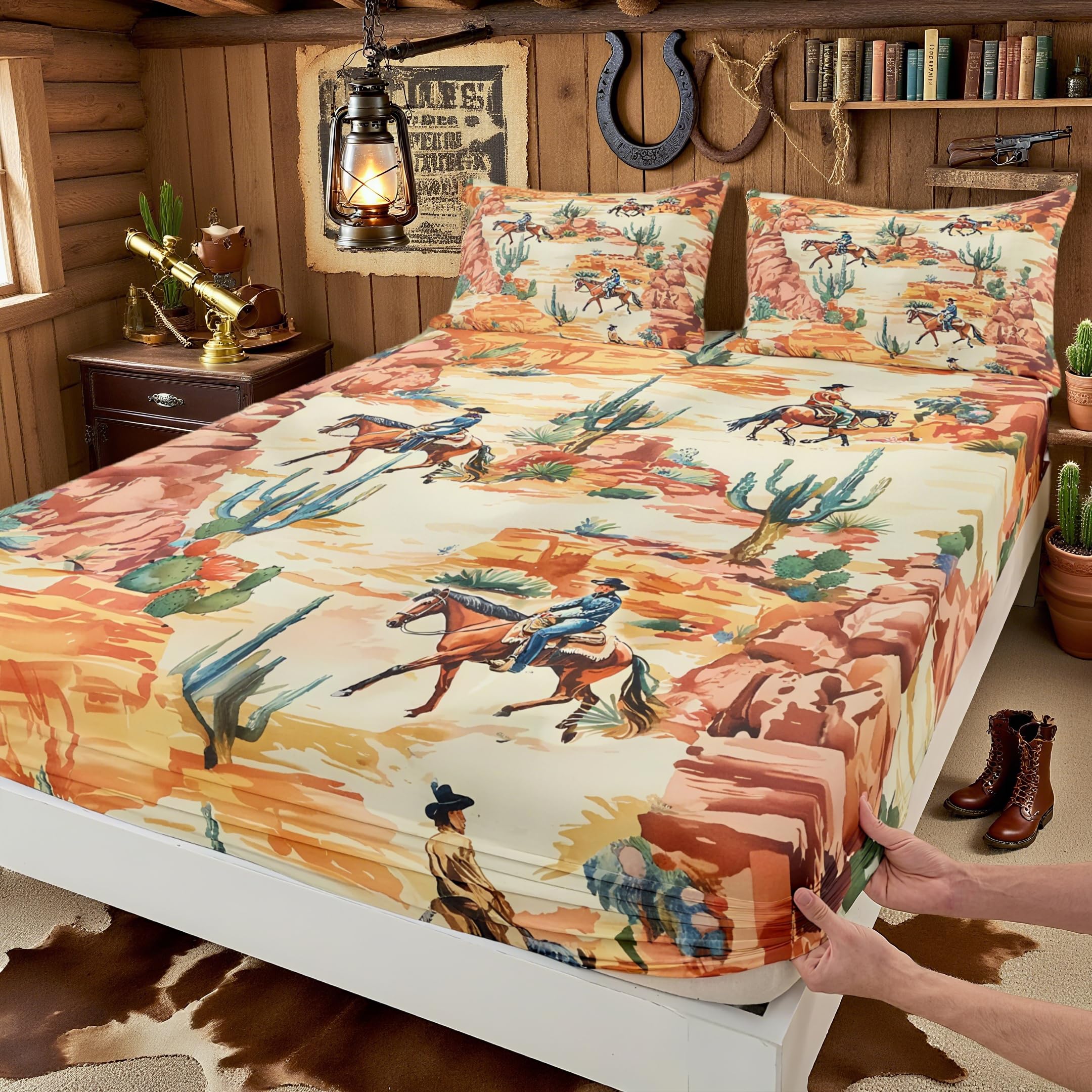 Drap-housse cowboy pour enfants et 2 taies d'oreiller motif désert orange vert