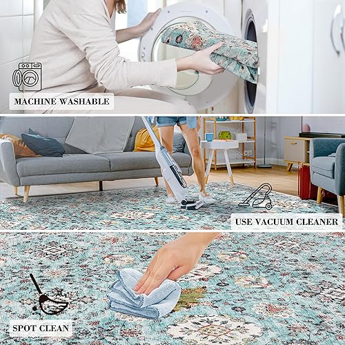 Miniatura 2 de Tapete de área lavable, bohemio, antideslizante, suave y de pelo bajo, para sala de estar, dormitorio y cocina, 8 x 10 pies, verde turquesafloral