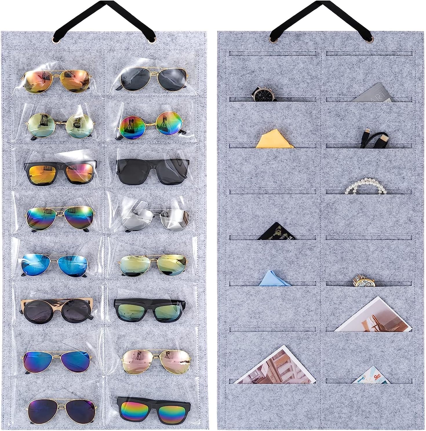 House of Quirk Sunglasses Organizer Storage, Clothing, Hanging Glasses Holder, Pocket Wall Display, 16 Compartments, Double Sided for Glasses - Grey