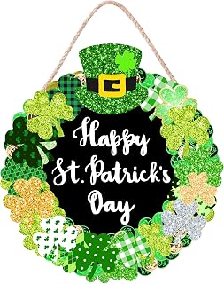 CYNOSA St. Patrick's Day Wooden Shamrock Sign - 12x12 Inch Round Green Door Hanger with Rope, Happy St. Patty's Wall Decor