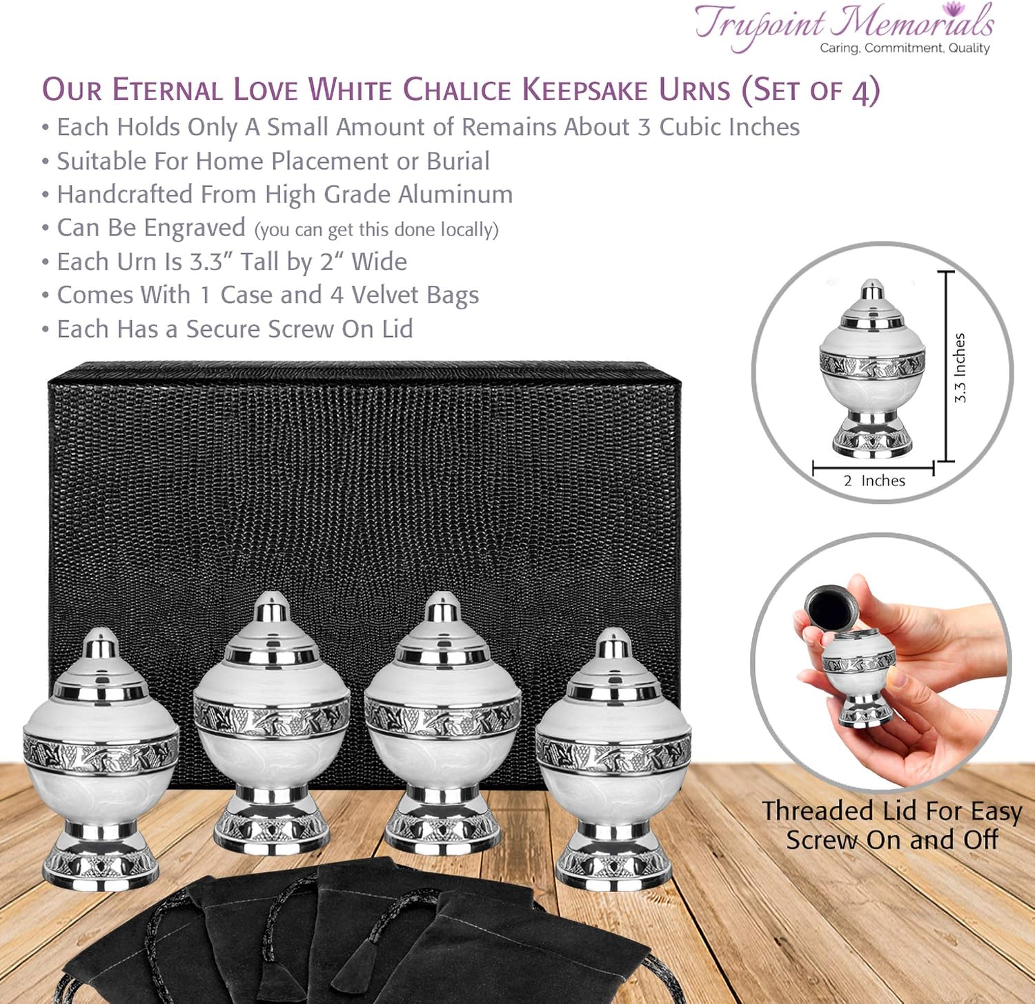 Trupoint Memorials Cremation Urns for Adult - Holds 0.75 Lbs. Per Mini Urn, 2.75" x 1.75" Mini Cremation Urns, Keepsake Burial Urns with Case & Bags - Chalice White.