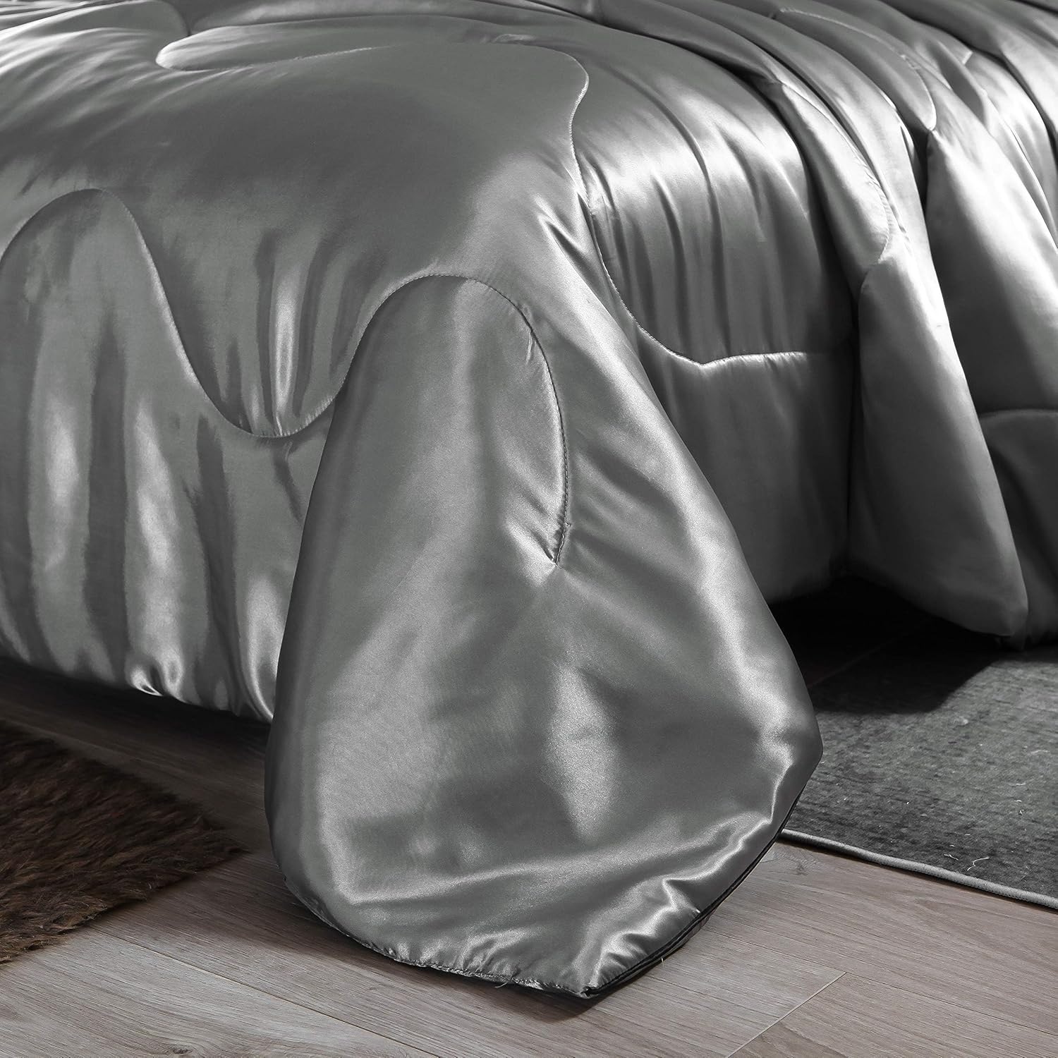 Holawakaka Luxurious Solid Satin Silk Like Comforter Set Ultra Soft Silky Quilt Breathable Bedding Bed-in-A-Bag Queen Size (Grey) - Image 5