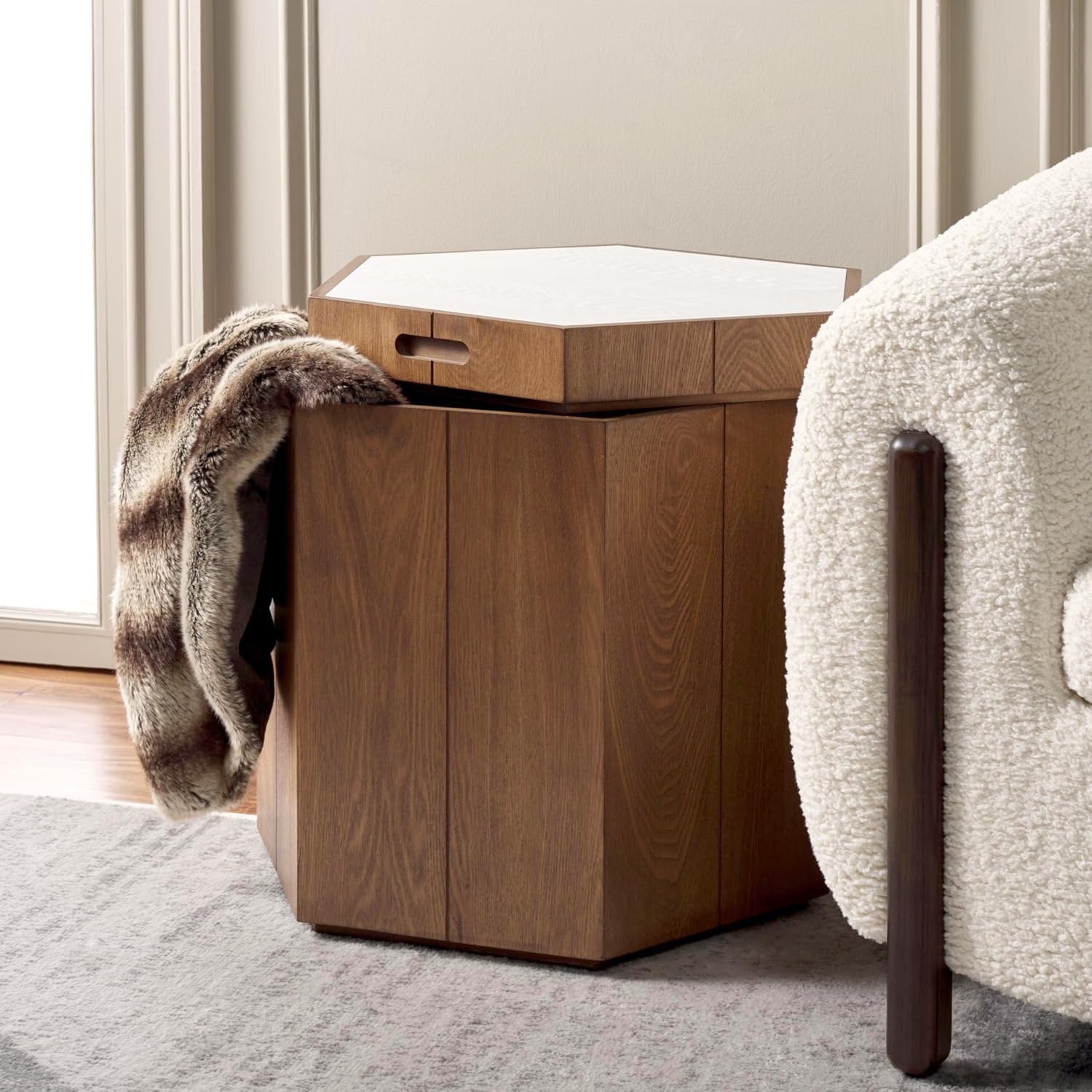 SAFAVIEH Home Collection Rafaela Walnut/White Hexagon Storage Accent Table (Fully Assembled)