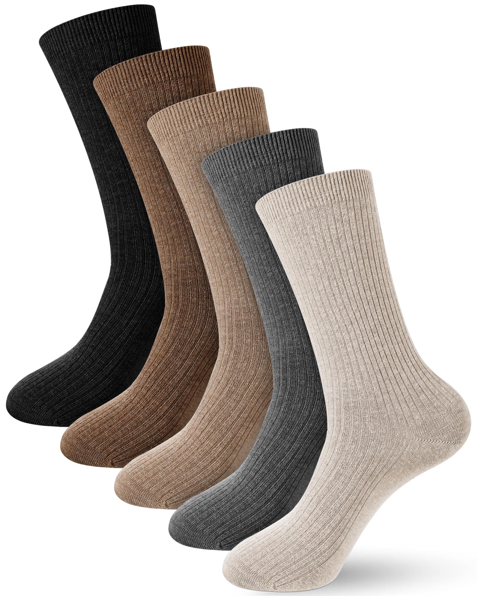 Shihanee 5 Pairs Wool Crew Socks for Women Soft Ribbed Knit Winter Warm Cotton Socks Neutral Aesthetic Slouch Cozy Accessory