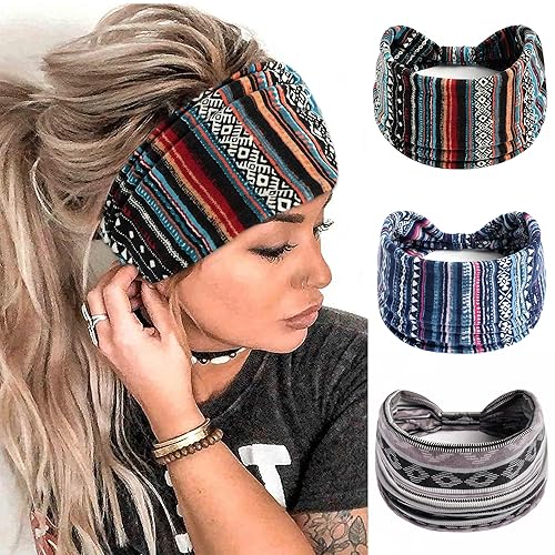 FULZTEY Diademas bohemias para mujer, banda ancha para el cabello con estampado vintage, bandanas gruesas de rayas africanas, antideslizantes, para