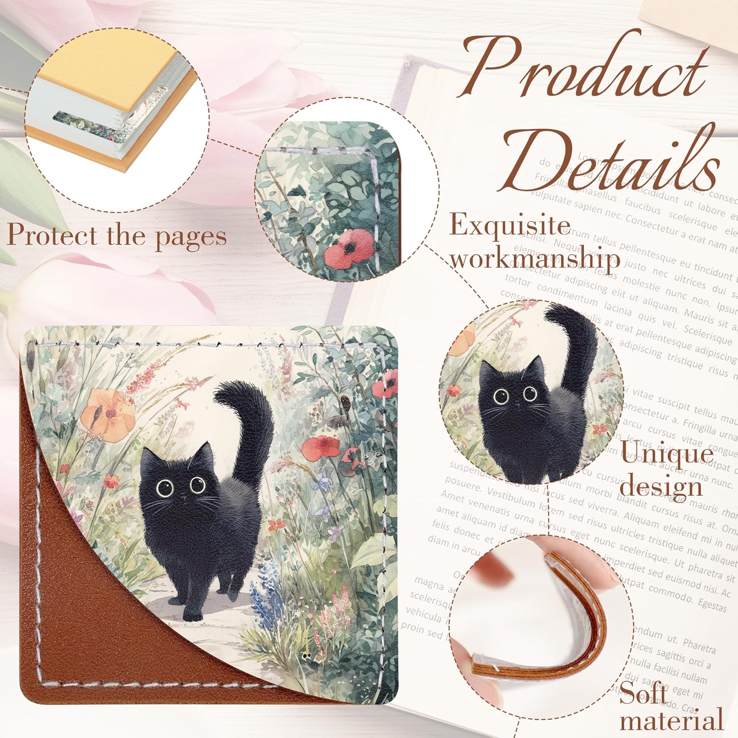 Cute Cats Bookmark Gifts - 6 Pcs Black Floral Leather Corner Bookmarks for Women Students Book Lover Funny Animal Page Markers Clip Reading Accessories Bookish Gift for Birthday Christmas - Image 4