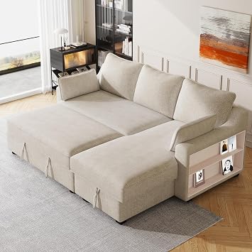 90" Pull Out Sleeper Sofa L Shaped Couch Convertible Sofa Bed with Storage Chaise, Storage Racks and USB Ports, Beige DD764
