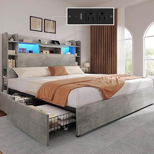 DWVO King Size Bed Frame with Bookcase Headboard and 4 Storage Drawers, RGB LED Bed Frame with Type-C & USB Charging Station Storage Headboard Beds, No Box Spring Needed, Noise Free, Grey
