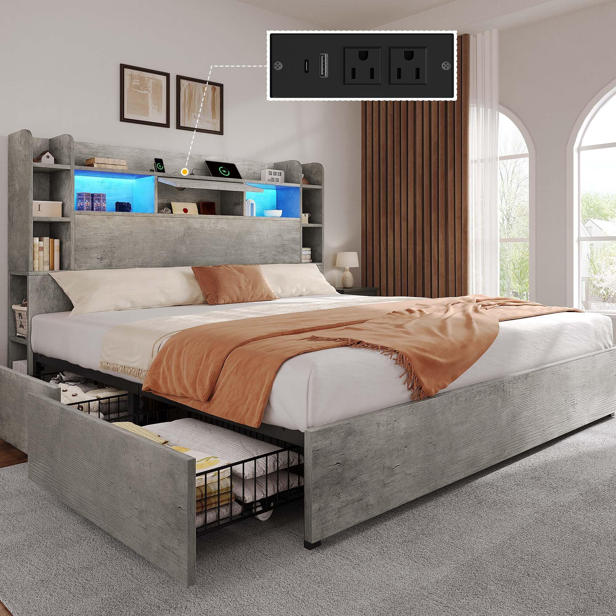 View 1 of *****PARTIAL SET, MISSING BOX 1/2***** DWVO Queen Size Storage Bed Frame, Platform Bed Frame with Integrated Charging Ports, 2 Drawers on Wheels, Upholstered Headboard with Shelf, Easy Assembly, No Box Spring Needed (Gray)