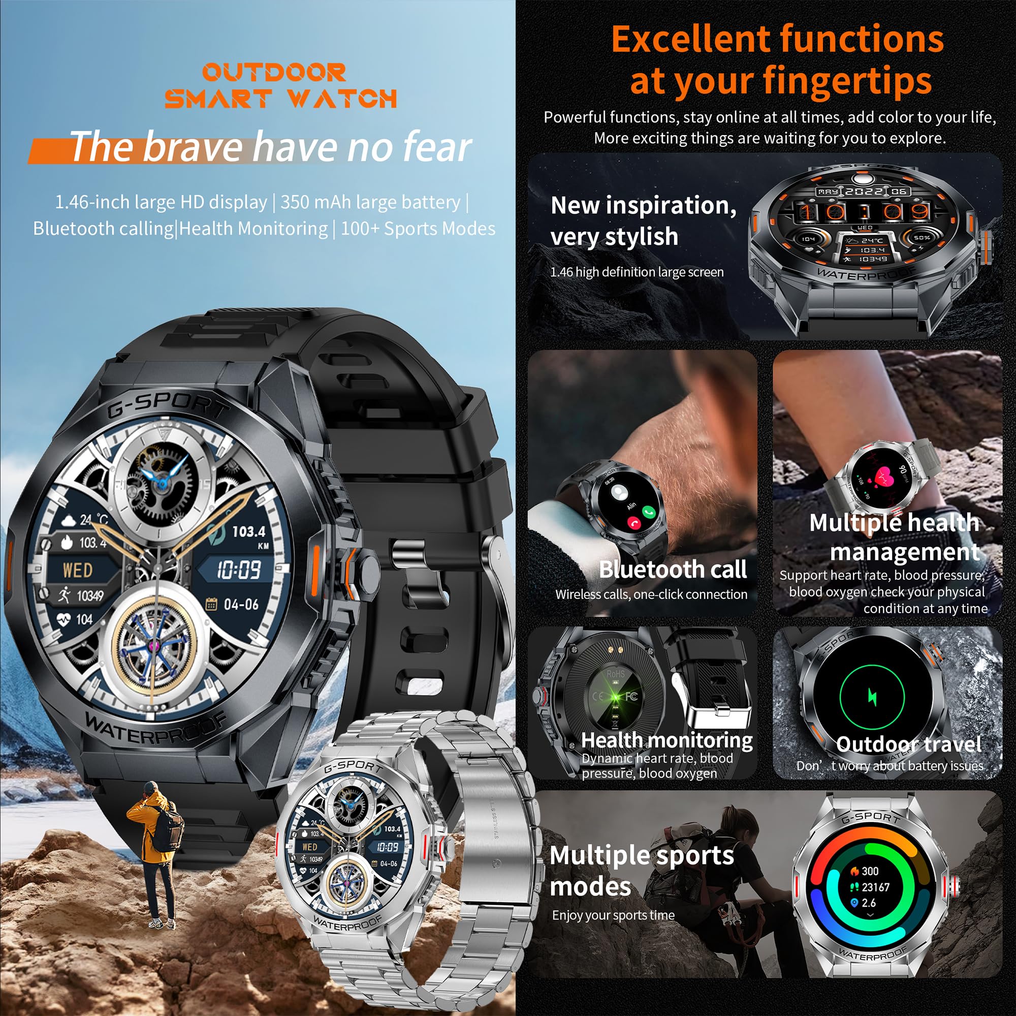 Reloj Inteligente Hombre con Llamadas, 1,46” AMOLED 5ATM Smartwatch Deportivo con Podometro Pulsometro SpO2 Sueño Presion Arterial Pulsera Actividad 5ATM Reloj para iOS Android, 3 Correas (plateado)