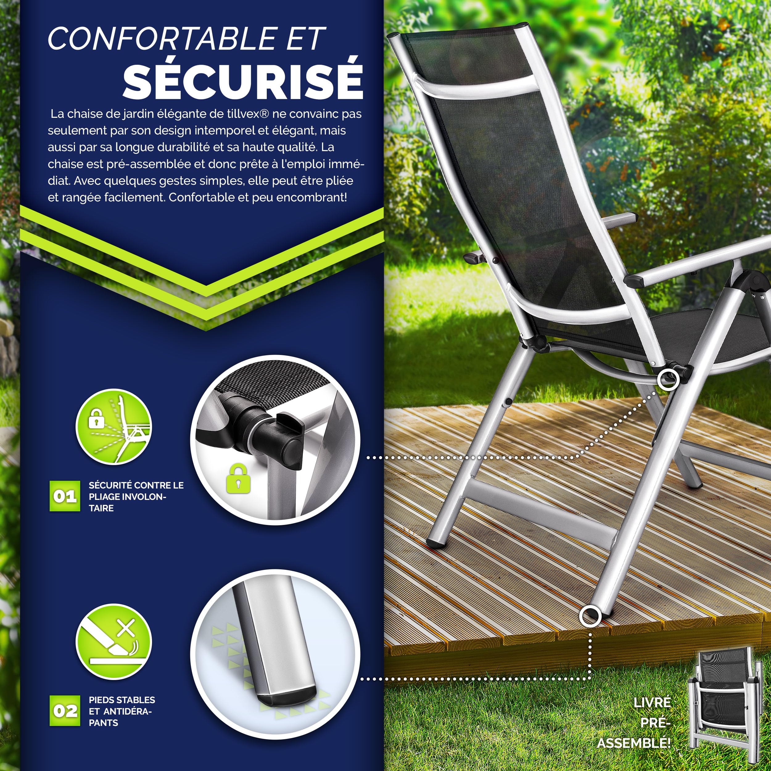 tillvex® Lot de 2 chaises de jardin à dossier haut, pliables, avec