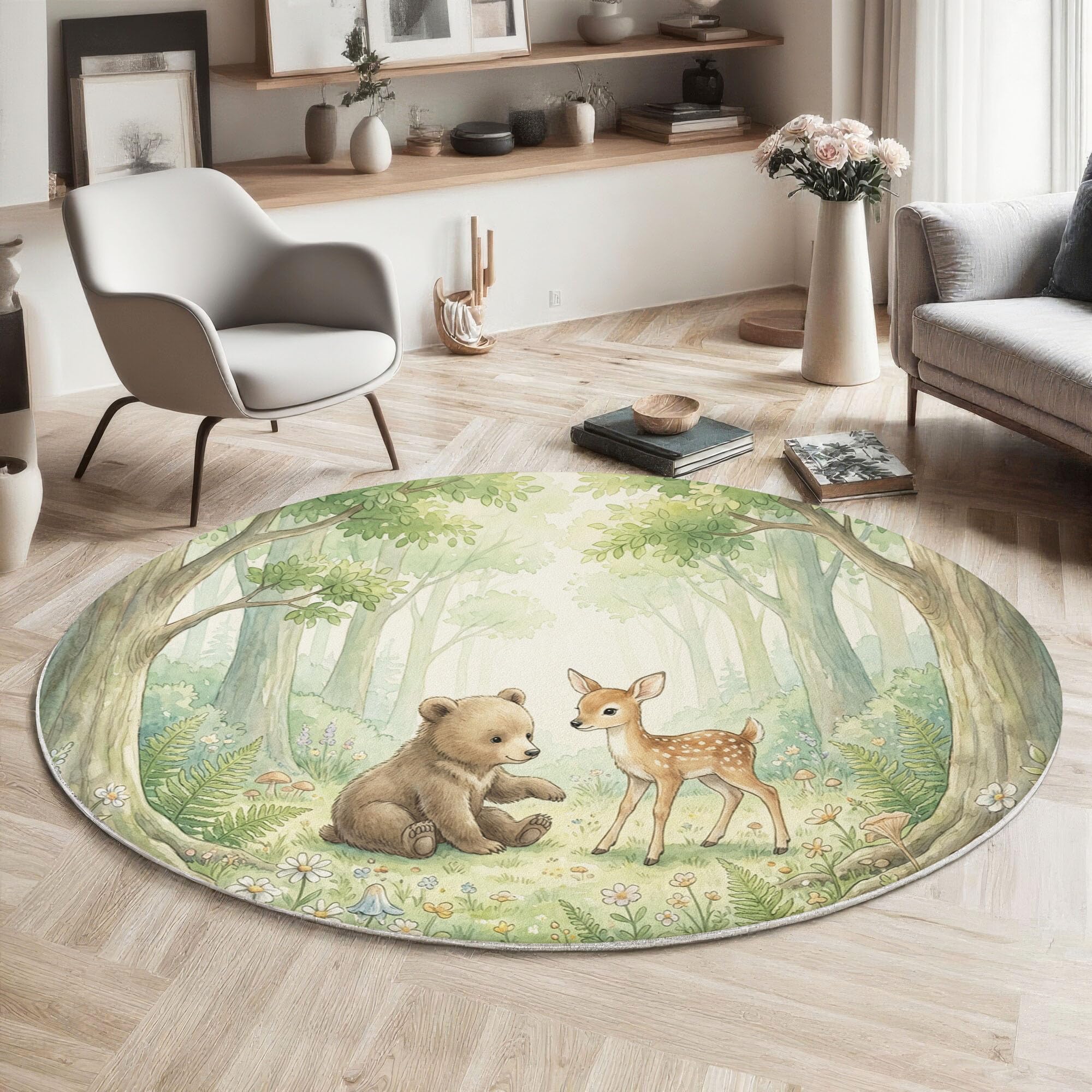 Tapis Rond 120cm Ours Cerf Sapin pour Chambre, Animaux À L'Aquarelle Vintage Rond Tapis Antidérapant Lavable en Machine Cuisine Salon Adulte Interieur Bureau Cuisine Decoration