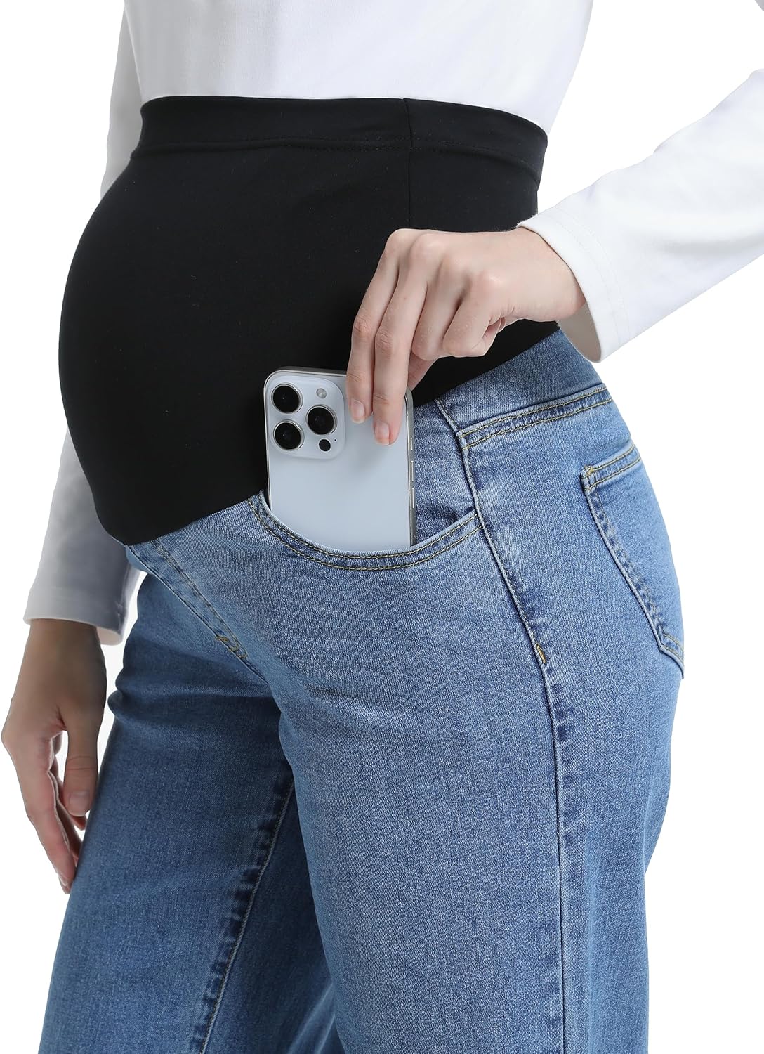 Women's Maternity Jeans Straight Legs Relaxed Fit Over Belly Comfy Stretch Pregnancy Denim Pants with Pockets - Image 3