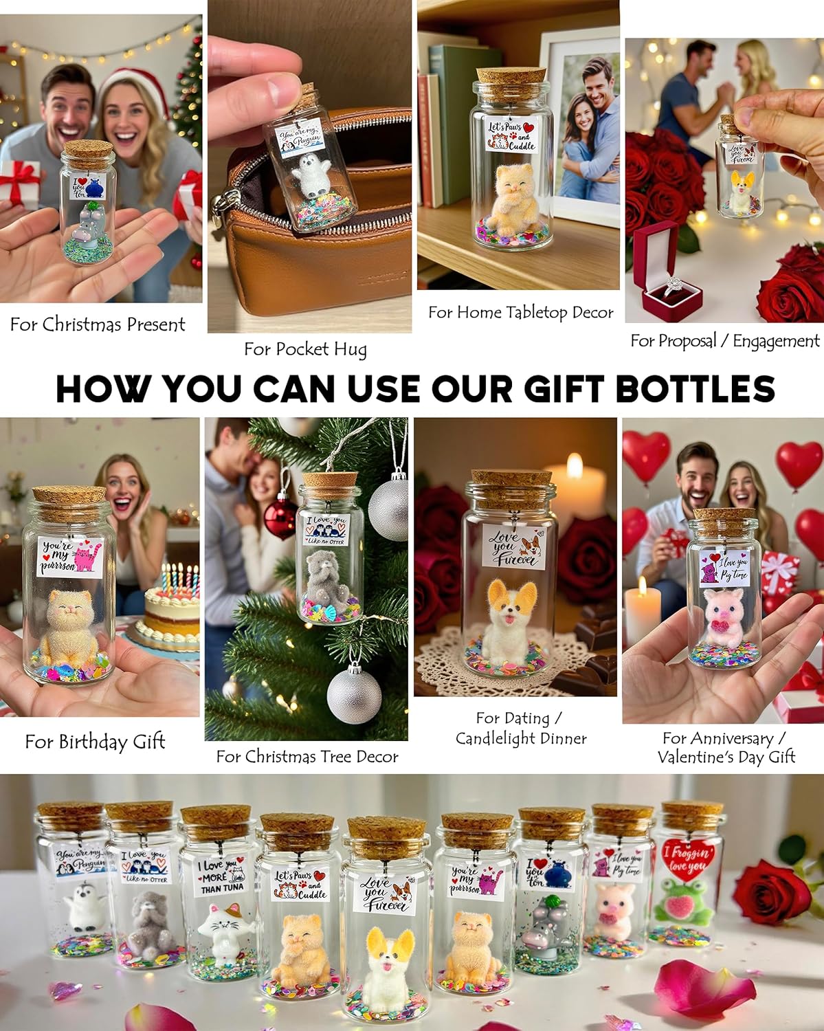 Set of 2 Anniversary I Love You Message in Bottle Presents Cute Funny Valentines Christmas Birthday Gifts for Him Her Boyfriend Girlfriend Husband Wife - Dog Pun Love You Furever - Cool Duck