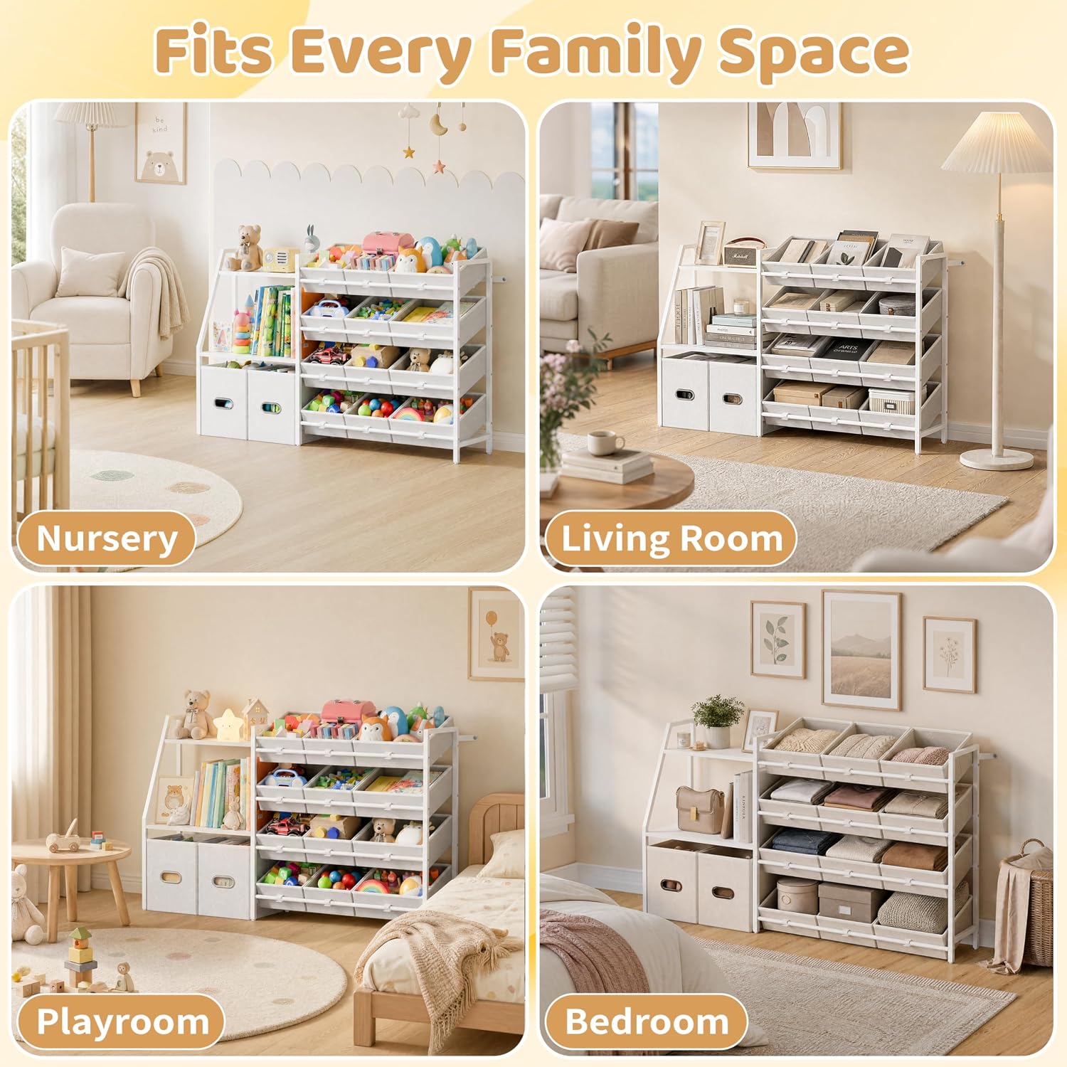 CODACE Kids Toy Storage Organizer - Toy Storage Shelf for Toddlers with 12 Removable Fabric Bins & 2 Boxes & 2-Tier Bookshelves, Organization for Playroom & Bedroom & Nursery, Anti-Tip Design, White
