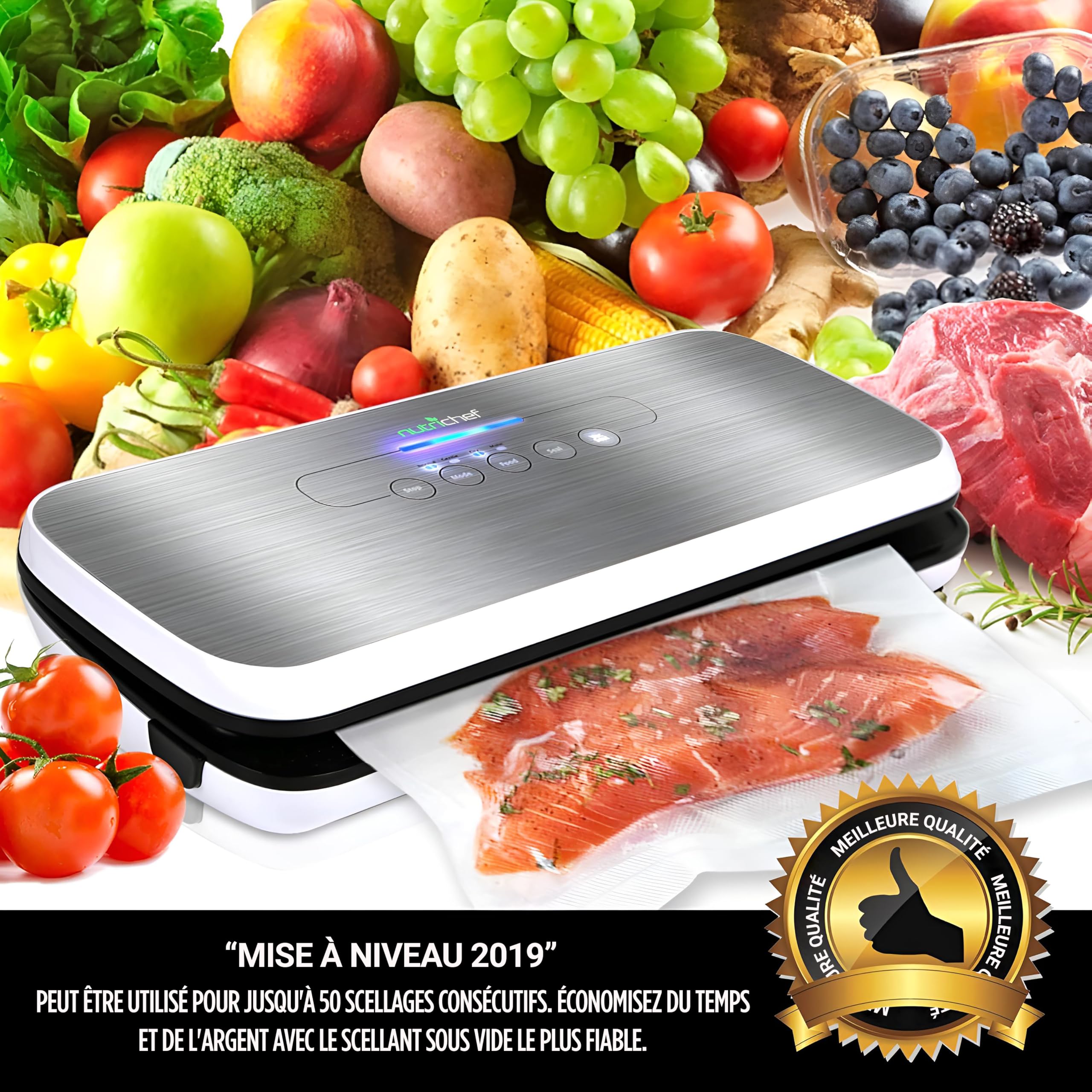 NutriChef Machine à Sceller Sous Vide - Système de Scellage Automatique pour Aliments Secs et Humides, Commandes Tactiles LED, Inclut des Sacs de Vide, un Tuyau et un Bouchon - Argenté