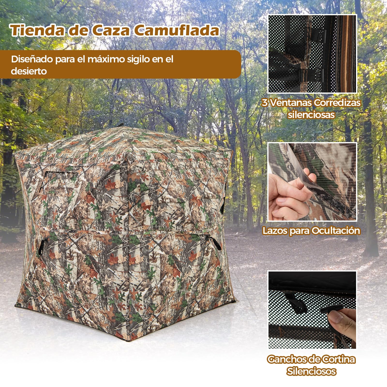 COSTWAY Persiana de Caza de 360°, Estor de Caza Plegable con Puerta Abierta, 2-3 Personas, Puesto de Caza Plegable, Camuflaje