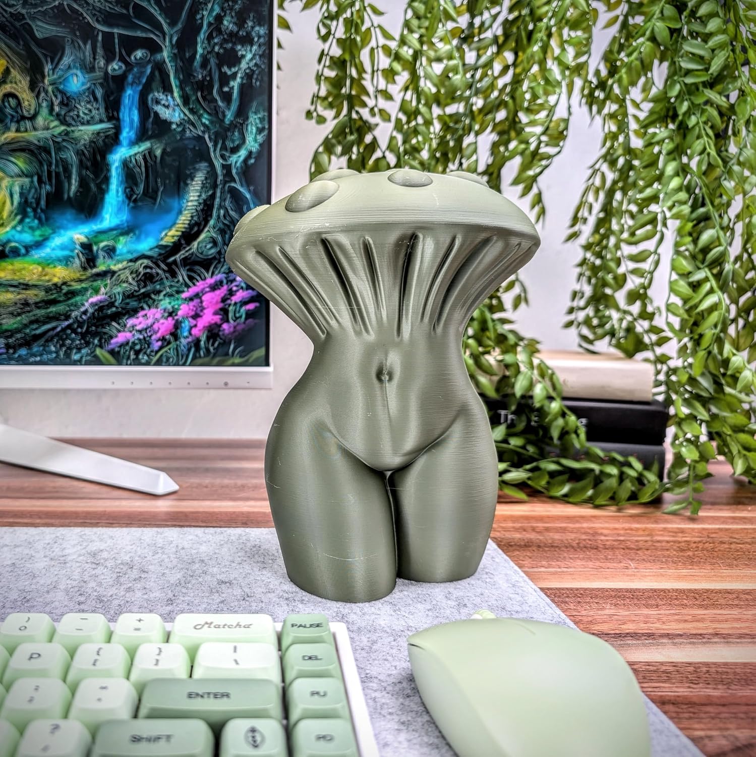 Mushroom Goddess Headphone Stand - Mushroom Woman - Gamer Girl - Plus Size Girl - Gaming Setup - Cozy Gamer - Cottage Core Aesthetic - Universal Headset Holder (Olive)